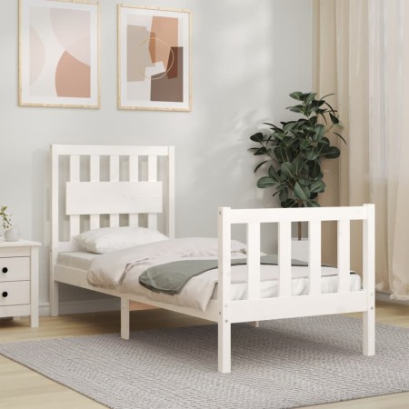 Estructura de cama individual con cabecero madera maciza blanco