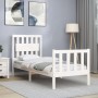 Estructura de cama individual con cabecero madera maciza blanco