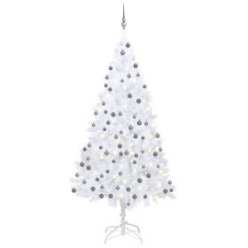 Árbol de Navidad artificial con LEDs y bolas PVC blanco 210 cm