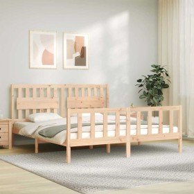 Estructura de cama de matrimonio con cabecero madera maciza Estructura de cama de matrimonio con cabecero madera maciza