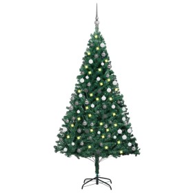 Árbol de Navidad preiluminado con luces y bolas verde 150 cm