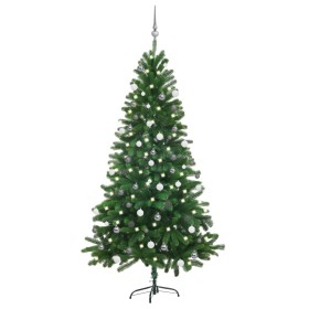 Árbol de Navidad preiluminado con luces y bolas verde 180 cm