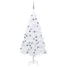 Árbol de Navidad preiluminado con luces y bolas blanco 150 cm