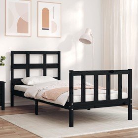 Estructura de cama individual con cabecero madera maciza negro Estructura de cama individual con cabecero madera maciza negro