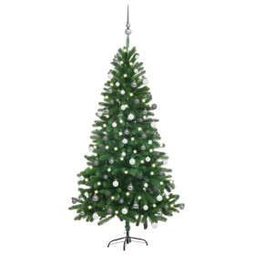 Árbol de Navidad preiluminado con luces y bolas verde 150 cm