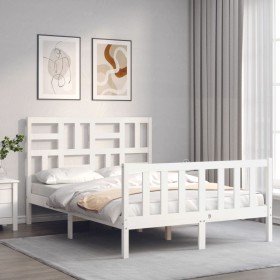 Estructura cama de matrimonio con cabecero madera maciza blanco Estructura cama de matrimonio con cabecero madera maciza blanco