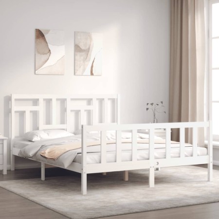 Estructura de cama matrimonio con cabecero madera maciza blanco