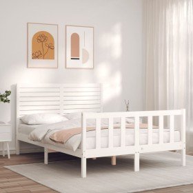 Estructura cama de matrimonio con cabecero madera maciza blanco Estructura cama de matrimonio con cabecero madera maciza blanco