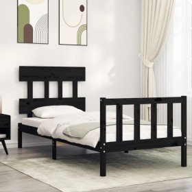 Estructura de cama individual con cabecero madera maciza negro Estructura de cama individual con cabecero madera maciza negro