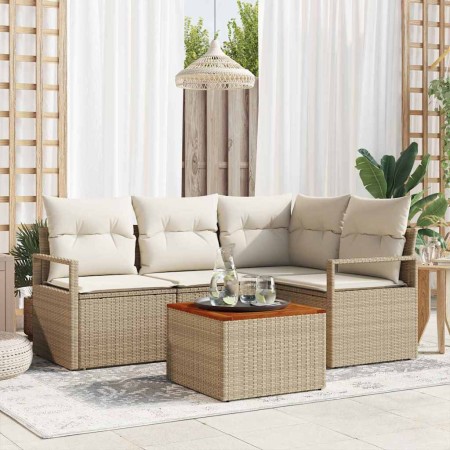 Conjunto de sofá de jardín con cojín 5 pcs Beige Poliratán