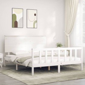 Estructura de cama matrimonio con cabecero madera maciza blanco Estructura de cama matrimonio con cabecero madera maciza blanco