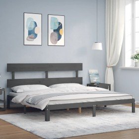 Estructura de cama con cabecero madera maciza gris 200x200cm Estructura de cama con cabecero madera maciza gris 200x200cm