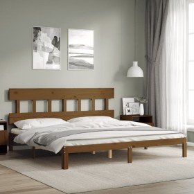 Estructura cama y cabecero madera maciza marrón miel 200x200 cm Estructura cama y cabecero madera maciza marrón miel 200x200 cm