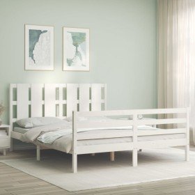 Estructura de cama matrimonio con cabecero madera maciza blanco en Camas y somieres | Comprar online en Foro24