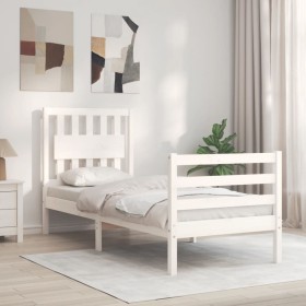 Estructura de cama individual con cabecero madera maciza blanco