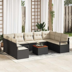 Conjunto de sofá de jardín con cojín 10 pcs Negro Poliratán