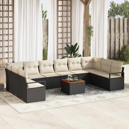 Conjunto de sofá de jardín con cojín 11 pcs Negro Poliratán