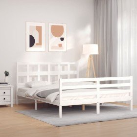 Estructura de cama matrimonio con cabecero madera maciza blanco en Camas y somieres | Comprar online en Foro24