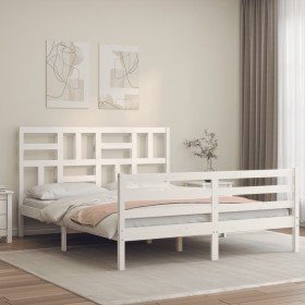 Estructura de cama matrimonio con cabecero madera maciza blanco Estructura de cama matrimonio con cabecero madera maciza blanco