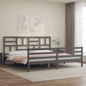 Estructura de cama con cabecero madera maciza gris 200x200cm Estructura de cama con cabecero madera maciza gris 200x200cm
