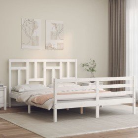 Estructura de cama matrimonio con cabecero madera maciza blanco en Camas y somieres | Comprar online en Foro24