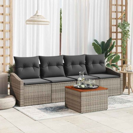 Conjunto de sofá de jardín con cojín 5 pcs Gris Poliratán