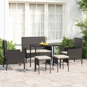 Set muebles de jardín 6 piezas y cojines ratán sintético negro
