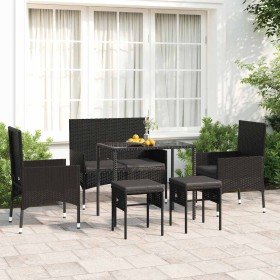 Set muebles de jardín 6 piezas y cojines ratán sintético negro