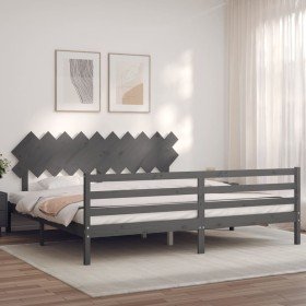 Estructura de cama con cabecero madera maciza gris 200x200cm Estructura de cama con cabecero madera maciza gris 200x200cm