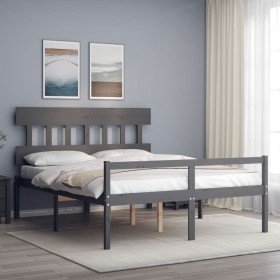 Cama de matrimonio personas mayores cabecero madera maciza gris Cama de matrimonio personas mayores cabecero madera maciza gris