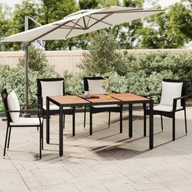 Mesa de jardín ratán PE negro y superficie madera maciza acacia