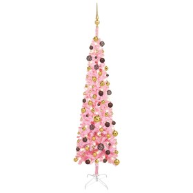 Árbol de Navidad estrecho con LEDs y bolas rosa 180 cm