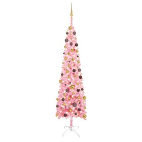 Árbol de Navidad delgado con LEDs y bolas rosa 240 cm