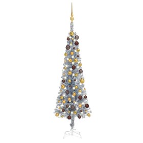 Árbol de Navidad delgado con LEDs y bolas plateado 150 cm
