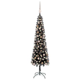 Árbol de Navidad delgado con LEDs y bolas negro 120 cm