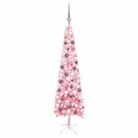 Árbol de Navidad delgado con LEDs y bolas rosa 150 cm