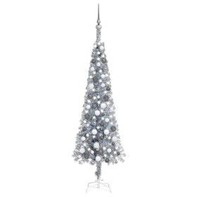 Set de árbol de Navidad estrecho con LED y bola plateado 150 cm