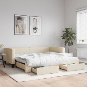 Sofá cama nido con cajones tela color crema 100x200 cm Sofá cama nido con cajones tela color crema 100x200 cm