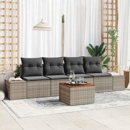 Conjunto de sofá de jardín con cojín 5 pcs Gris Poliratán
