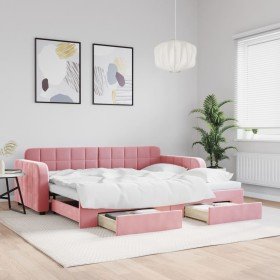 Sofá cama nido con cajones terciopelo rosa 90x200 cm