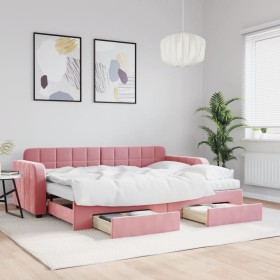Sofá cama nido con cajones terciopelo rosa 80x200 cm