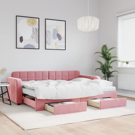 Sofá cama nido con cajones terciopelo rosa 80x200 cm