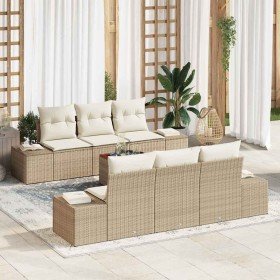 Conjunto de sofá de jardín con cojín 7 pcs Beige Poliratán