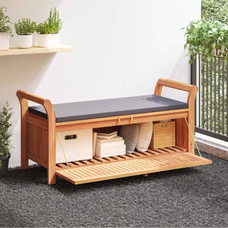 Banco almacenaje jardín con cojín madera maciza de acacia 126cm