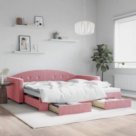 Sofá cama nido con cajones terciopelo rosa 100x200 cm Sofá cama nido con cajones terciopelo rosa 100x200 cm