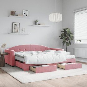 Sofá cama nido con cajones terciopelo rosa 90x200 cm Sofá cama nido con cajones terciopelo rosa 90x200 cm