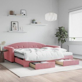 Sofá cama nido con cajones terciopelo rosa 100x200 cm Sofá cama nido con cajones terciopelo rosa 100x200 cm