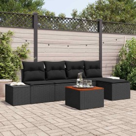Conjunto de sofá de jardín con cojín 6 pcs Negro Poliratán