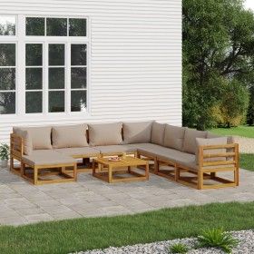 Set muebles de jardín 9 pzas madera maciza y cojines gris taupé