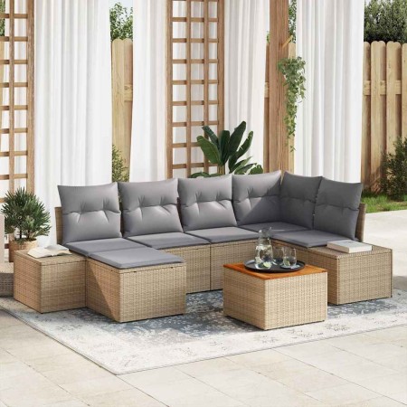 Conjunto de sofá de jardín con cojín 7 pcs Beige Poliratán